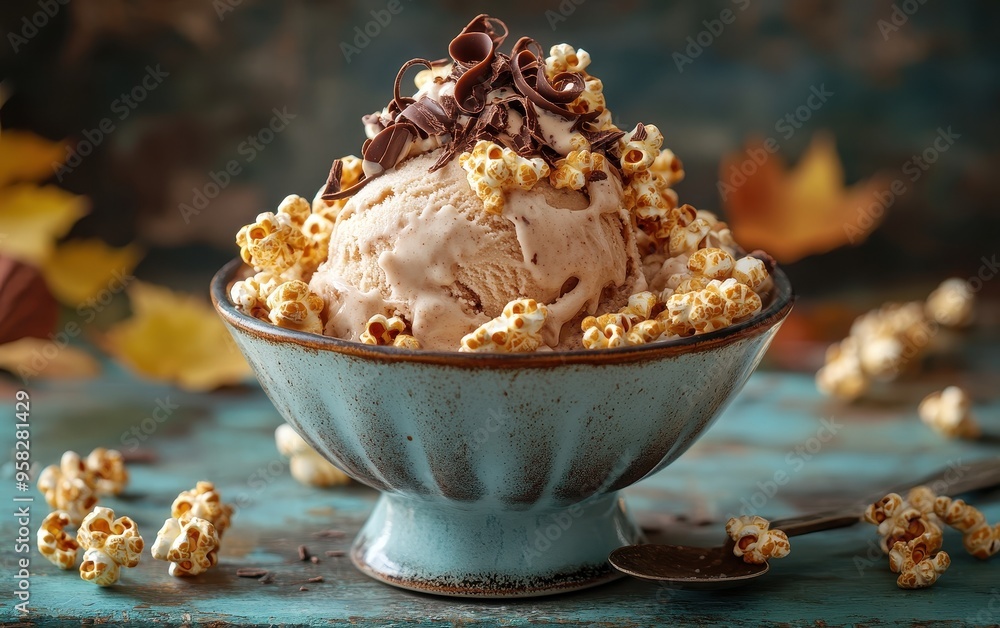 Delicious chocolate ice cream topped with popcorn and chocolate curls in a rustic blue bowl, perfect for dessert lovers. Delicious chocolate ice cream topped with popcorn and chocolate curls in a rustic blue bowl, perfect for dessert lovers.
