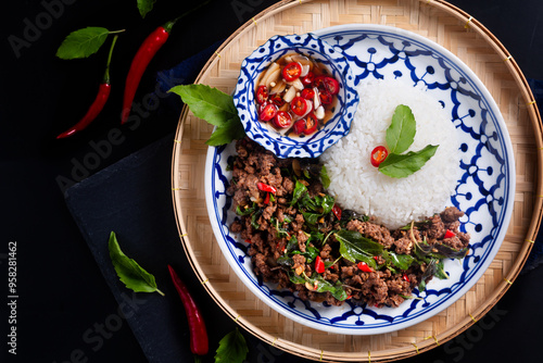 Food concept Thai authentic Khao Pad kra pao rice with Thai Holy Basil beef  Stir-Fry on black background with copy space