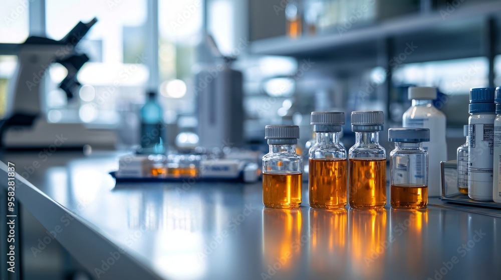 Laboratory vials with amber liquid on a modern lab bench Laboratory vials with amber liquid on a modern lab bench