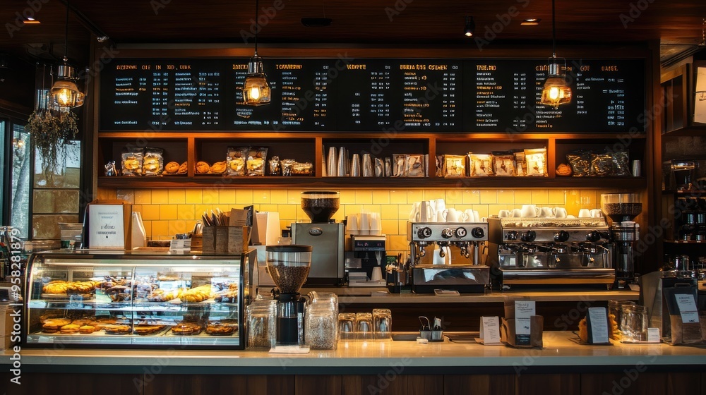 Modern coffee shop interior with a large, illuminated menu board above the counter. The menu features various coffee options, pastries, and prices clearly displayed. Modern coffee shop interior with a large, illuminated menu board above the counter. The menu features various coffee options, pastries, and prices clearly displayed.