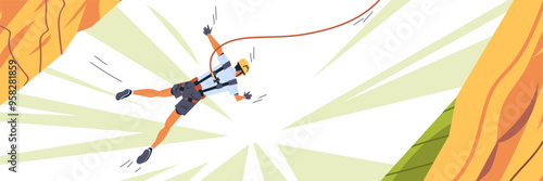 Rock climber falling wearing safety harness and helmet in action pose between cliffs with dynamic lines and vibrant colors