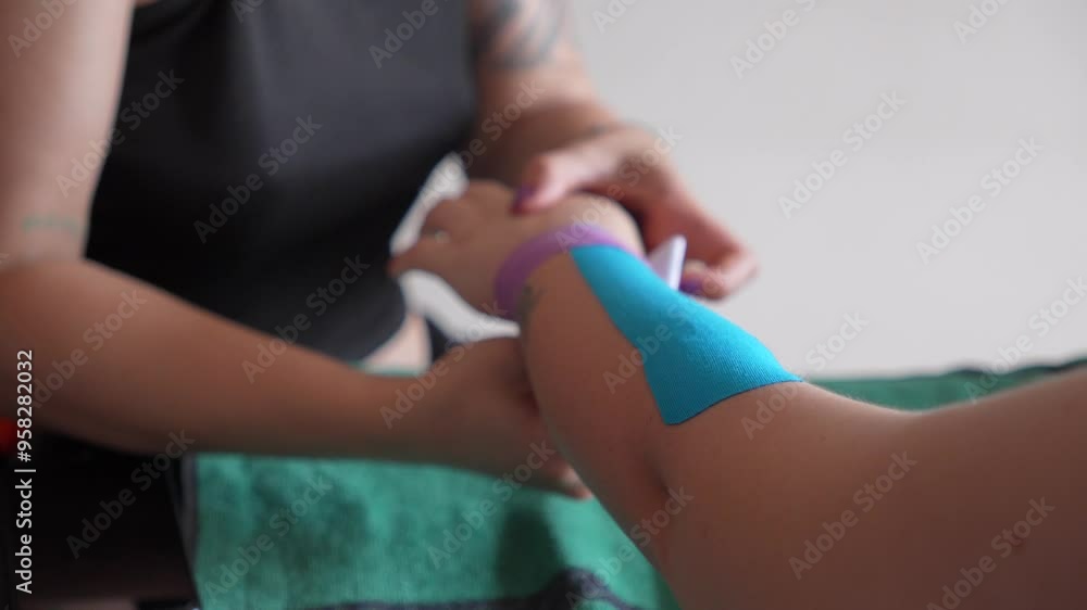 A person is applying a bandage to another person's arm A person is applying a bandage to another person's arm