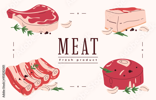 A set of fresh meat with seasonings. Different parts of animal meat beef and pork. Vector illustration