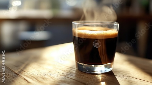 Steaming Americano in a clear glass cup placed on a wooden table. The dark coffee contrasts with the airy foam on top, creating a visually appealing scene.