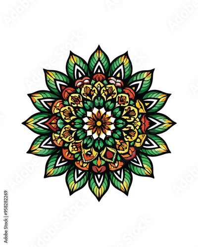 Design an intricate mandala incorporating natural elements, such as leaves and flowers, in a vibrant color palette.