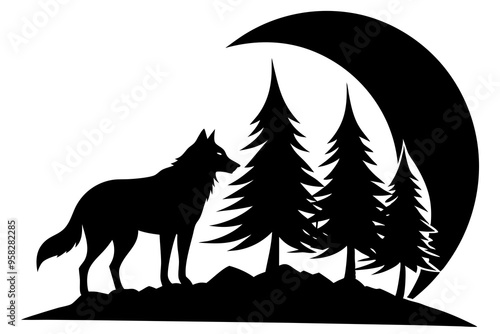 Wolf Silhouette Vector Illustration, perfect for wildlife enthusiasts, featuring a howling wolf against a moonlit sky. Ideal for use in projects related to nature, wildlife, and wilderness 