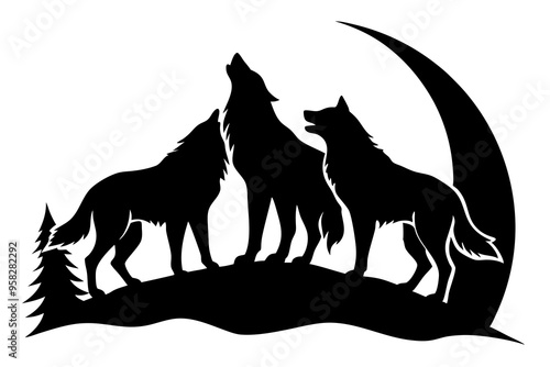 Wolf Silhouette Vector Illustration, perfect for wildlife enthusiasts, featuring a howling wolf against a moonlit sky. Ideal for use in projects related to nature, wildlife, and wilderness 