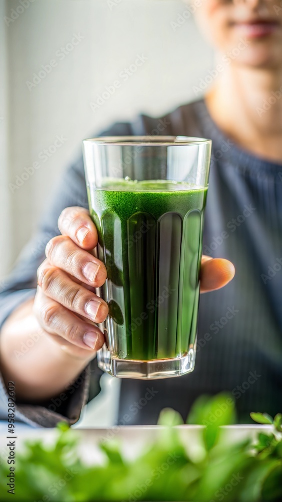 Healthy woman smiling while holding a refreshing green smoothie in a glass Healthy woman smiling while holding a refreshing green smoothie in a glass