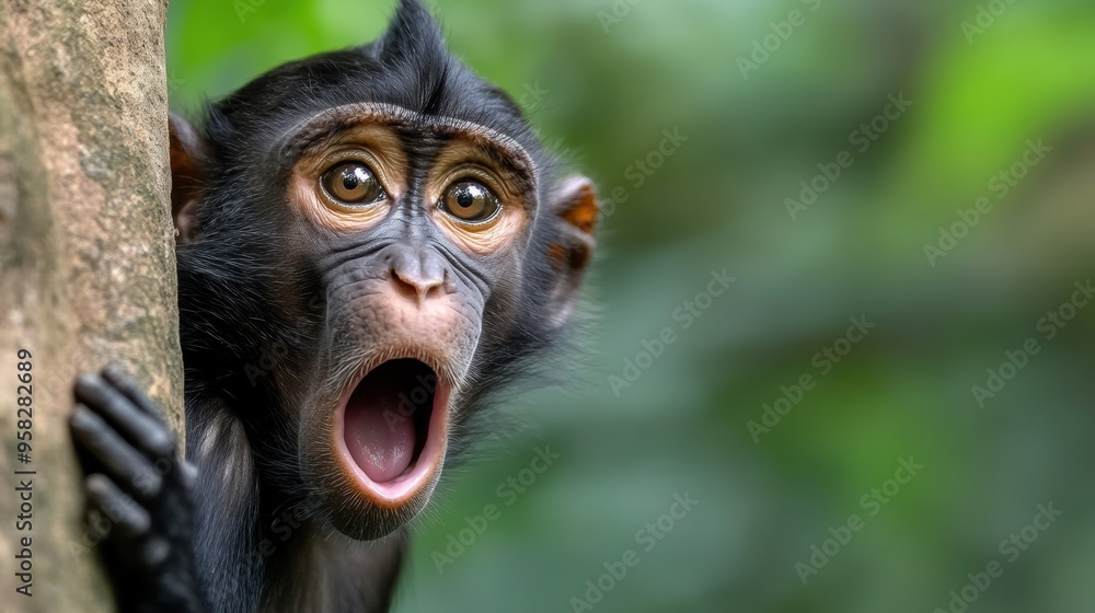 A monkey with its mouth open looking at the camera, AI A monkey with its mouth open looking at the camera, AI