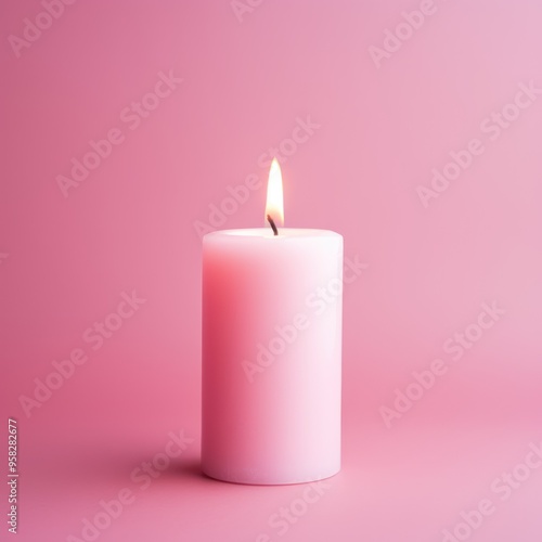 Pink background with white thin wax candle with a small lit flame for funeral grief death dead sad emotion with copy space texture for display product