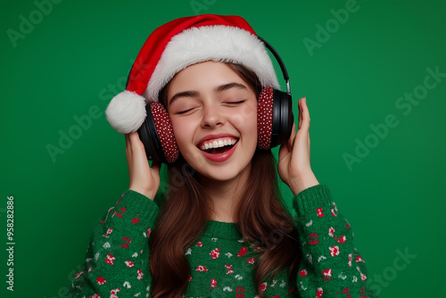 young woman in santa hat and big headphones listening to the music and smiling. woman wearing green christmas pattern hoodie. solid green simple background.