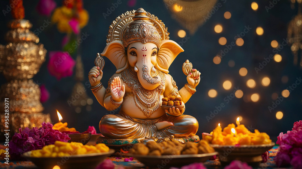 Lord ganesha statue with diya and sweets, happy diwali Lord ganesha statue with diya and sweets, happy diwali
