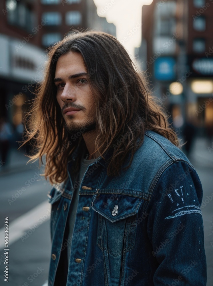 A man with long hair wearing a dirty denim jacket on the street A man with long hair wearing a dirty denim jacket on the street