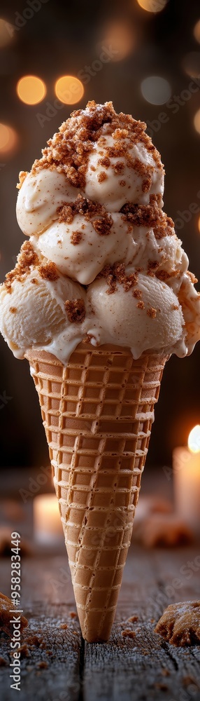 Delicious ice cream cone topped with crushed nuts, perfect for dessert lovers seeking a sweet treat on a warm day. Delicious ice cream cone topped with crushed nuts, perfect for dessert lovers seeking a sweet treat on a warm day.
