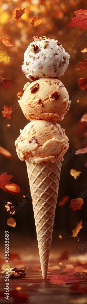 Delicious ice cream cone with three scoops, surrounded by colorful autumn leaves, perfect for seasonal dessert cravings. Delicious ice cream cone with three scoops, surrounded by colorful autumn leaves, perfect for seasonal dessert cravings.