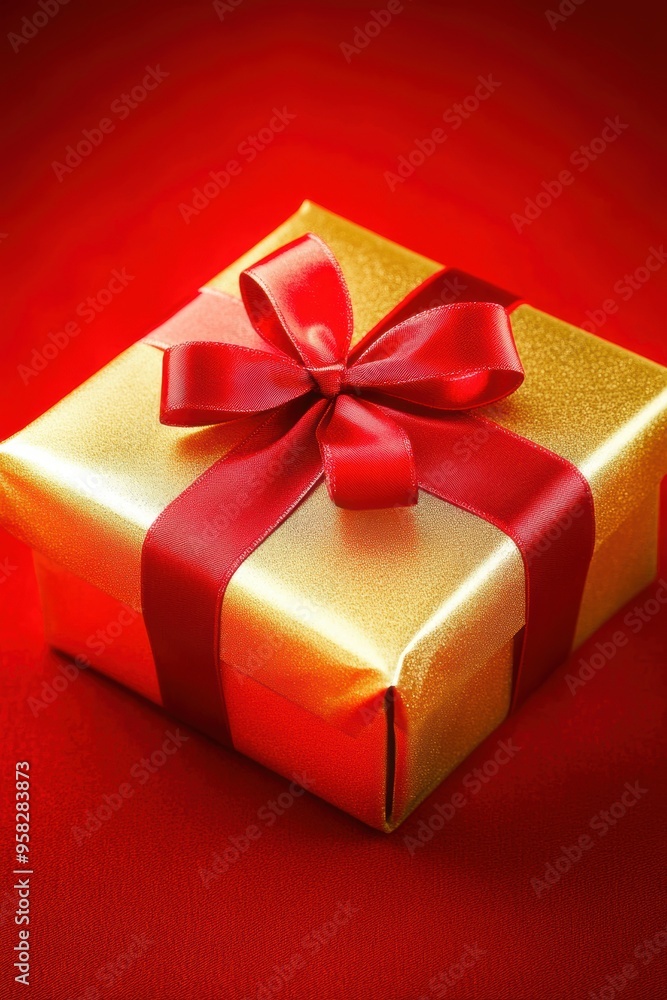 Golden gift box with red ribbon on red background Golden gift box with red ribbon on red background