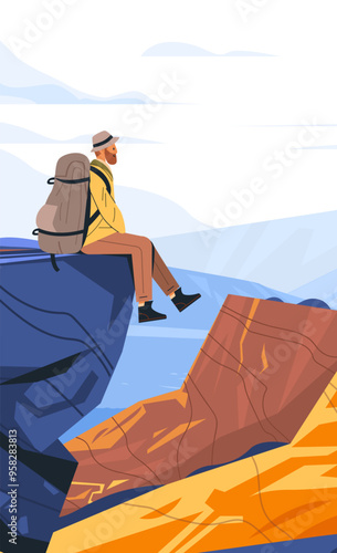 Hiker sitting on cliff edge with backpack mountain landscape adventure travel outdoor nature exploration