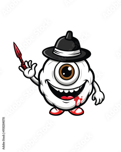 Design a one-eyed monster with a blood-streaked grin holding a knife.