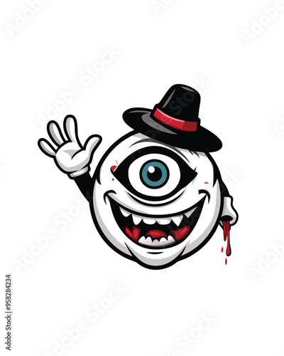 Design a one-eyed monster with a blood streaked grin, wearing a fedora.