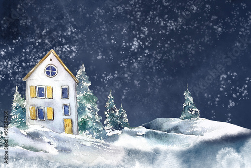Photography Winter Christmas illustration banner card yellow wooden roof cottage house illus