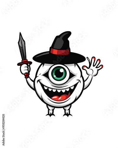 A one-eyed monster with a blood-streaked grin, wearing a witch hat and holding a sword.