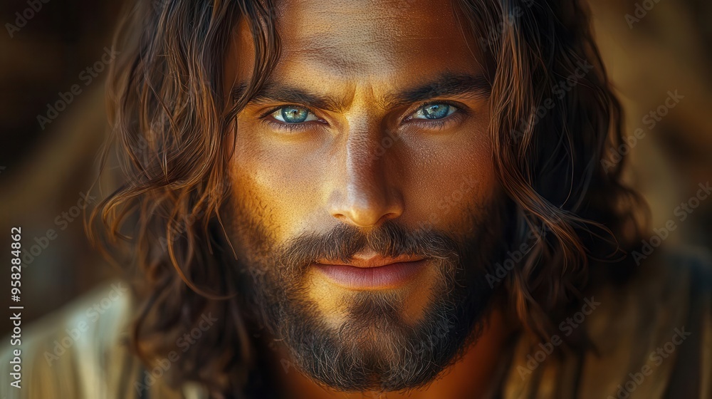 warm inviting portrait of jesus christ gentle smile kind eyes soft ethereal lighting contemporary artistic interpretation with traditional elements warm inviting portrait of jesus christ gentle smile kind eyes soft ethereal lighting contemporary artistic interpretation with traditional elements