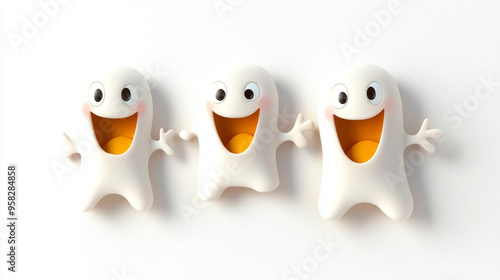 three little funny cute little ghosts cartoon on white background photo