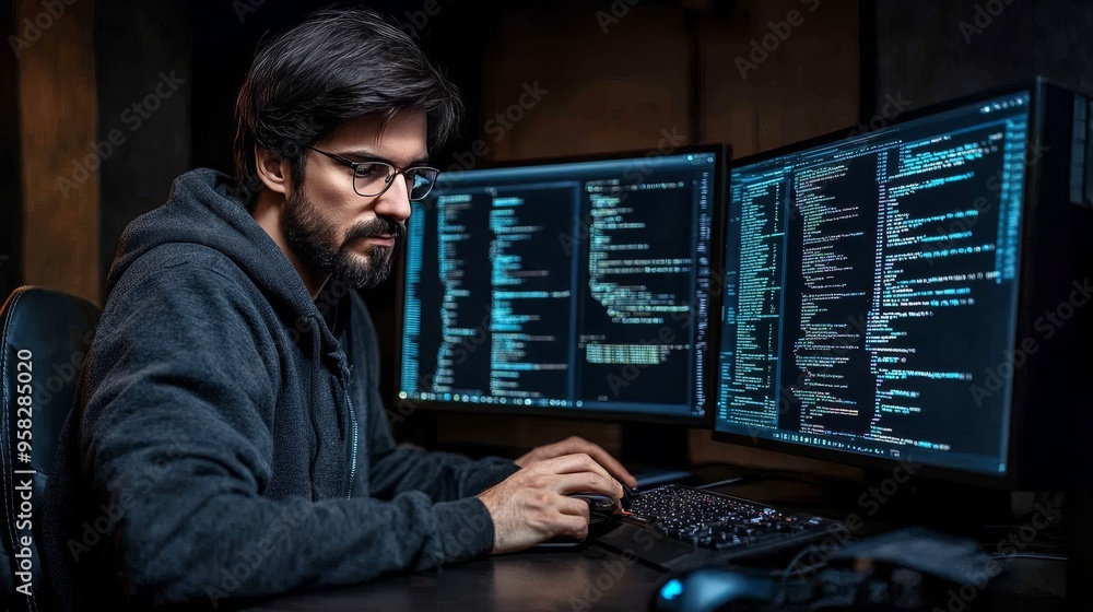 Focused Software Developer Working Late, Coding on a Computer with Multiple Monitors in a Dark Room Focused Software Developer Working Late, Coding on a Computer with Multiple Monitors in a Dark Room