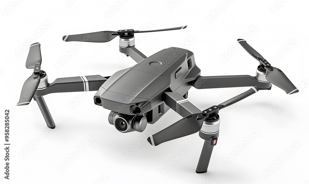 New dark grey drone quadcopter with digital camera and sensors flying isolated on white. New dark grey drone quadcopter with digital camera and sensors flying isolated on white.
