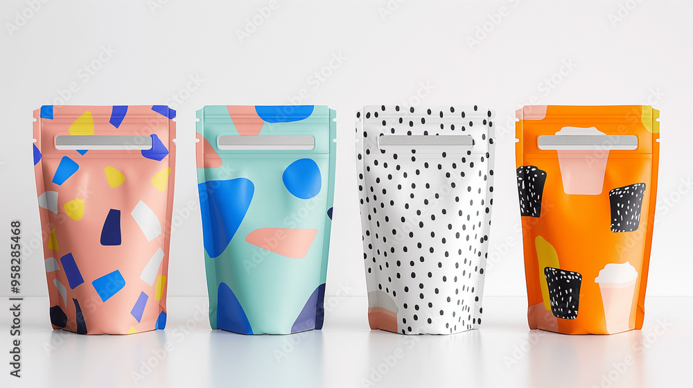 Obraz premium Colorful snack packaging designs on a white background