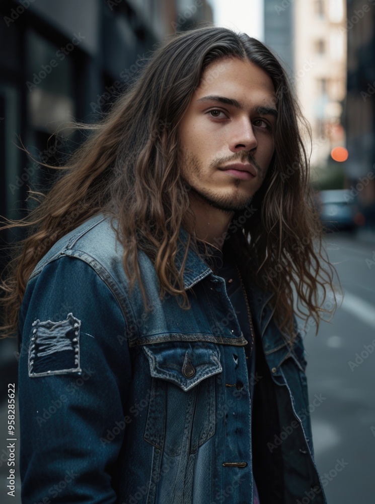A man with long hair wearing a dirty denim jacket on the street A man with long hair wearing a dirty denim jacket on the street