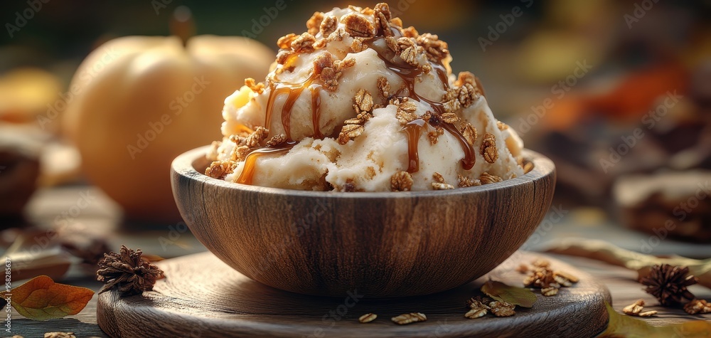 Delicious ice cream topped with caramel and granola served in a rustic wooden bowl, perfect for autumn gatherings. Delicious ice cream topped with caramel and granola served in a rustic wooden bowl, perfect for autumn gatherings.