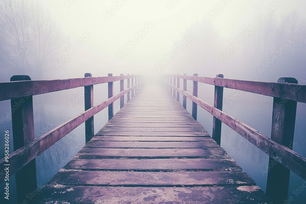 Fototapeta premium Serene misty morning on tranquil wooden pier