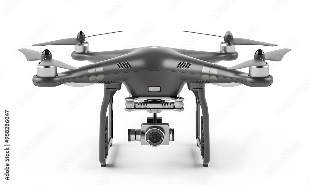 New dark grey drone quadcopter with digital camera and sensors flying isolated on white. New dark grey drone quadcopter with digital camera and sensors flying isolated on white.