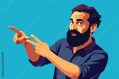 A man with a beard points at an item, demonstrating engagement and directing attention in a conversation.