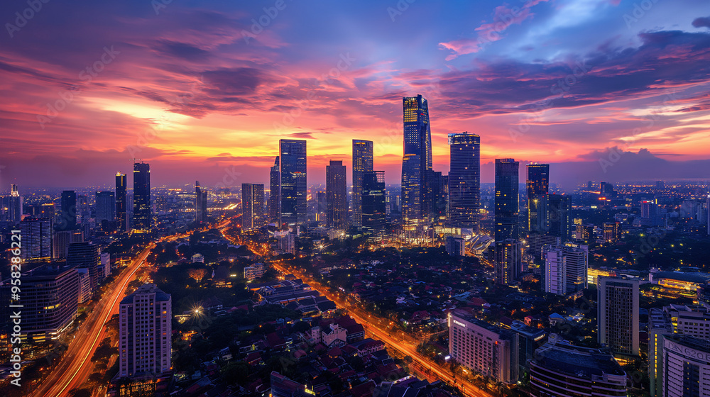 Fototapeta premium City skyline at dusk with vibrant sunset and illuminated streets
