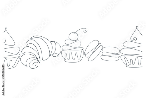 Bakery products in continuous line art drawing style. Black line sketch on white background. Vector illustration

