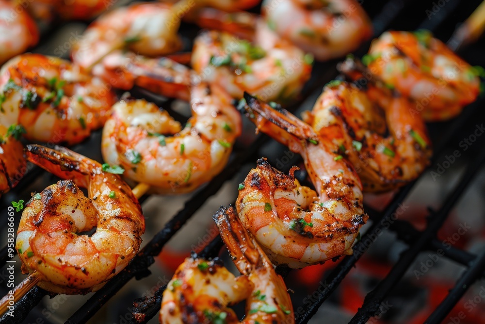 Grilled Seafood. Shrimp skewers with Spices, Herbs and Lemon on an Iron Grill Grilled Seafood. Shrimp skewers with Spices, Herbs and Lemon on an Iron Grill