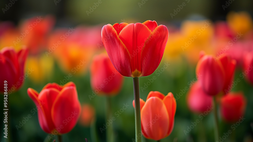 Red tulip in focus with blurred background of vibrant flowers Red tulip in focus with blurred background of vibrant flowers