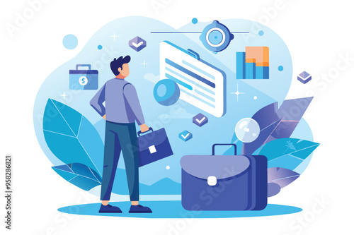 Isometric image of a businessman with a briefcase and business cards, illustrating themes of commerce and professional networking.