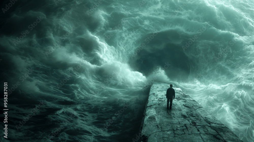 Man facing a massive storm on a crumbling pier Man facing a massive storm on a crumbling pier
