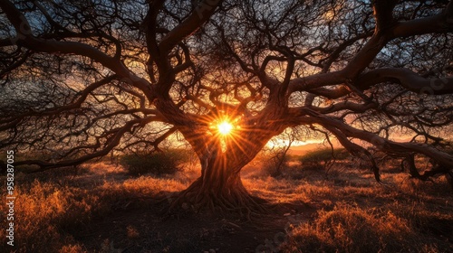 Silhouette of a Tree with Sunlight Streaming Through Its Branches at Sunset