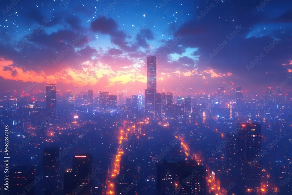 Obraz premium Luminous Metropolis: A Cityscape Adorned with Floating Lanterns at Golden Hour