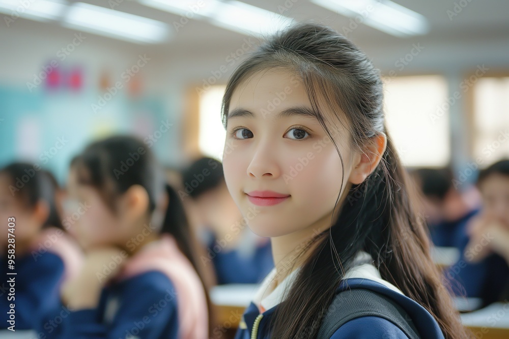 A female student smiles while participating in a classroom discussion among peers at a school. A female student smiles while participating in a classroom discussion among peers at a school.