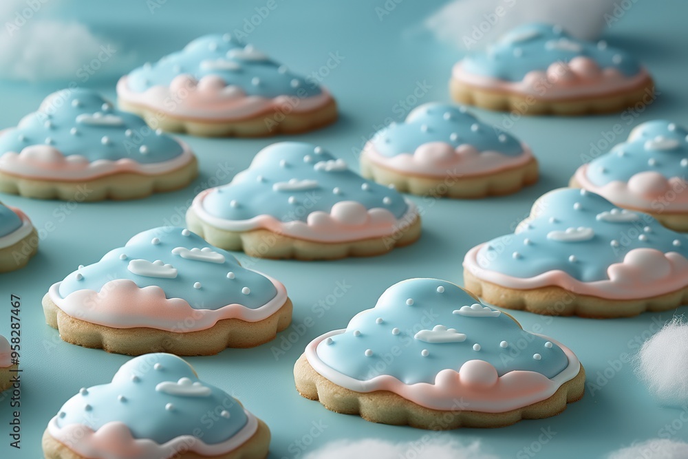 Delicious cookies shaped like clouds adorned with blue icing and pink accents arranged on a soft pastel surface. Delicious cookies shaped like clouds adorned with blue icing and pink accents arranged on a soft pastel surface.
