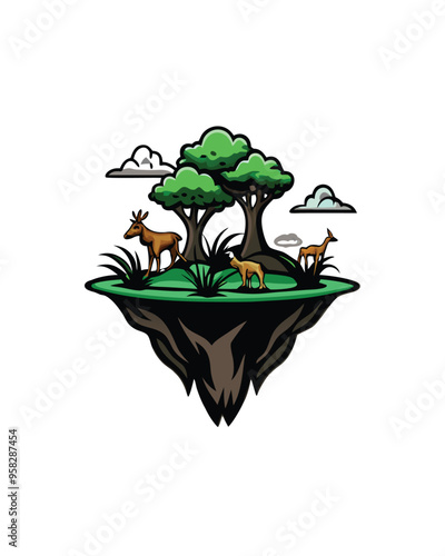 A surreal landscape with a floating island, defying gravity, with two deer and a tree.