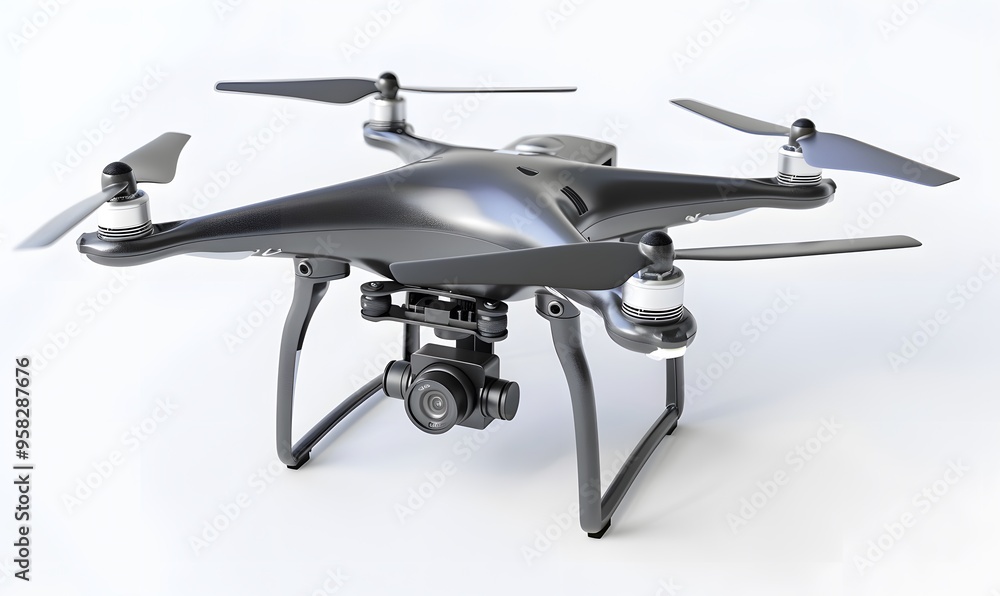 New dark grey drone quadcopter with digital camera and sensors flying isolated on white. New dark grey drone quadcopter with digital camera and sensors flying isolated on white.