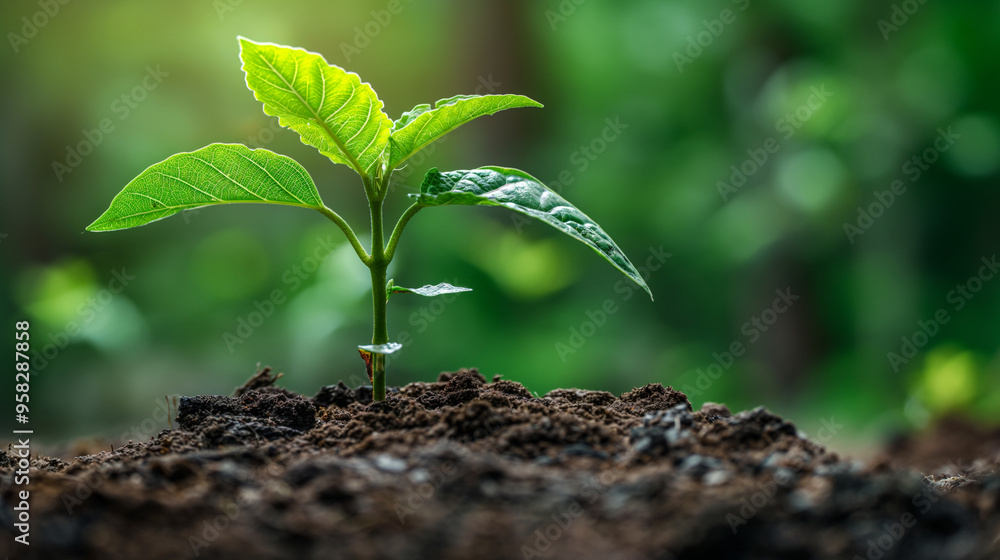 Young green plant seedling growing in fertile soil with soft natural background Young green plant seedling growing in fertile soil with soft natural background