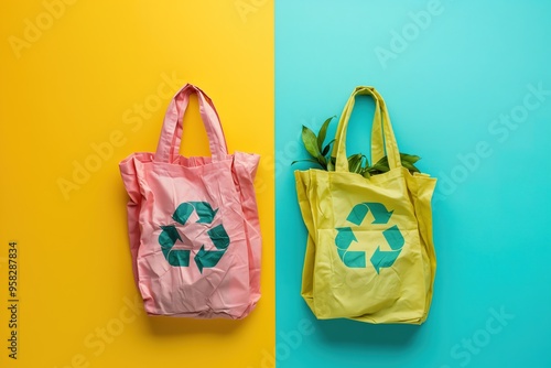 Two reusable shopping bags featuring recycling symbols sit against a bright yellow and turquoise backdrop, highlighting sustainable choices.