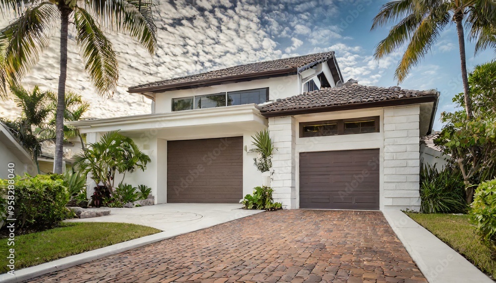 Fototapeta premium modern home in Miami, brick driveway with landscaping and palm tree, garage door is white and brown color 